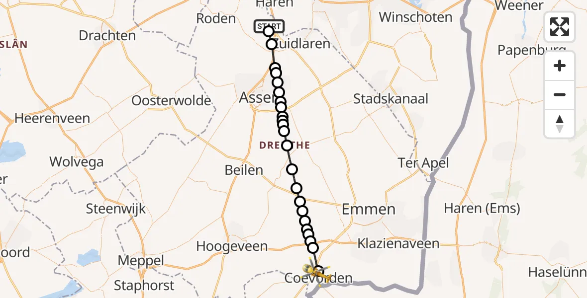 Vluchtroute Traumahelikopter van Groningen Airport Eelde naar Coevorden
