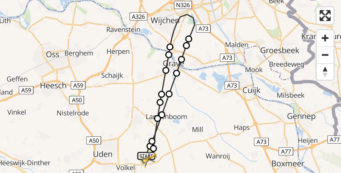 Vluchtroute Traumahelikopter van Vliegbasis Volkel naar Vliegbasis Volkel