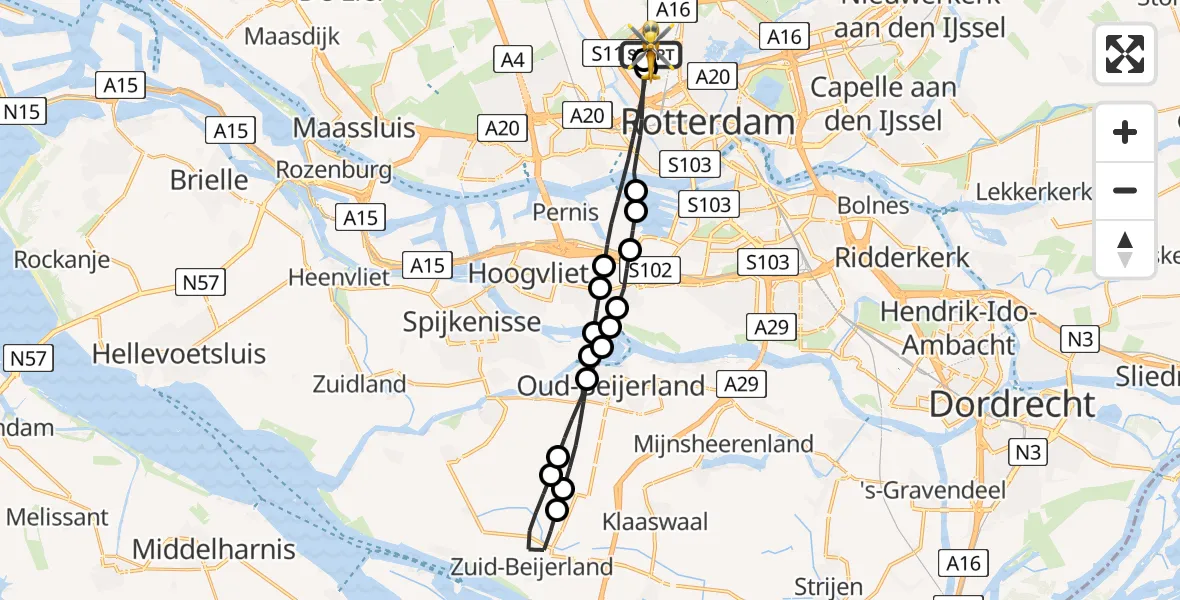 Vluchtroute Traumahelikopter van Rotterdam The Hague Airport naar Rotterdam The Hague Airport