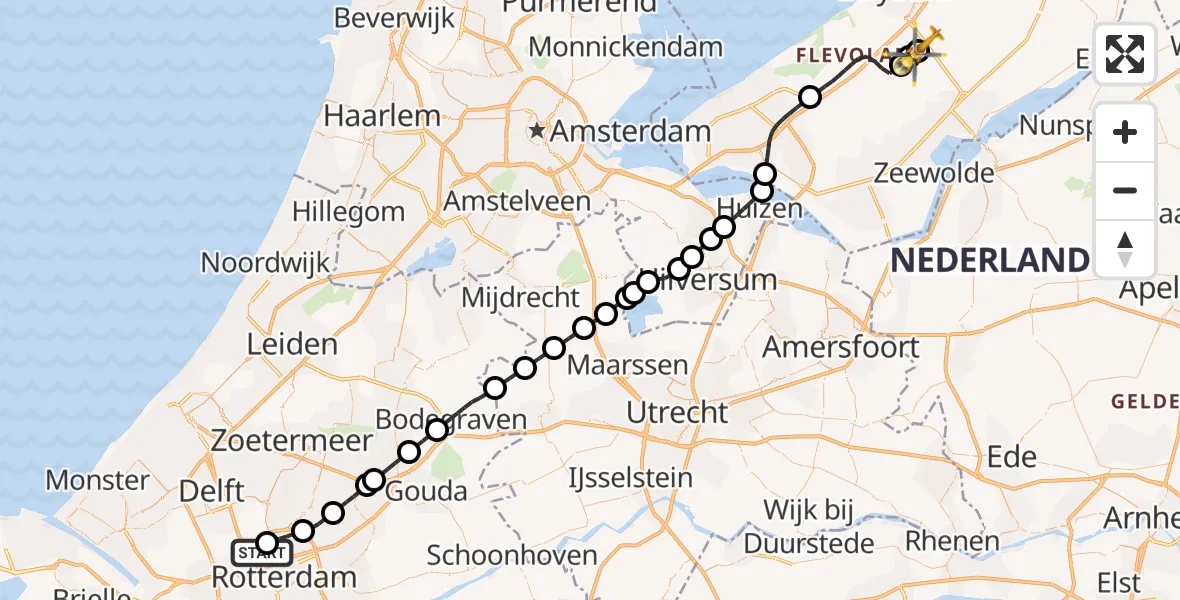 Vluchtroute Traumahelikopter van Rotterdam The Hague Airport naar Lelystad Airport