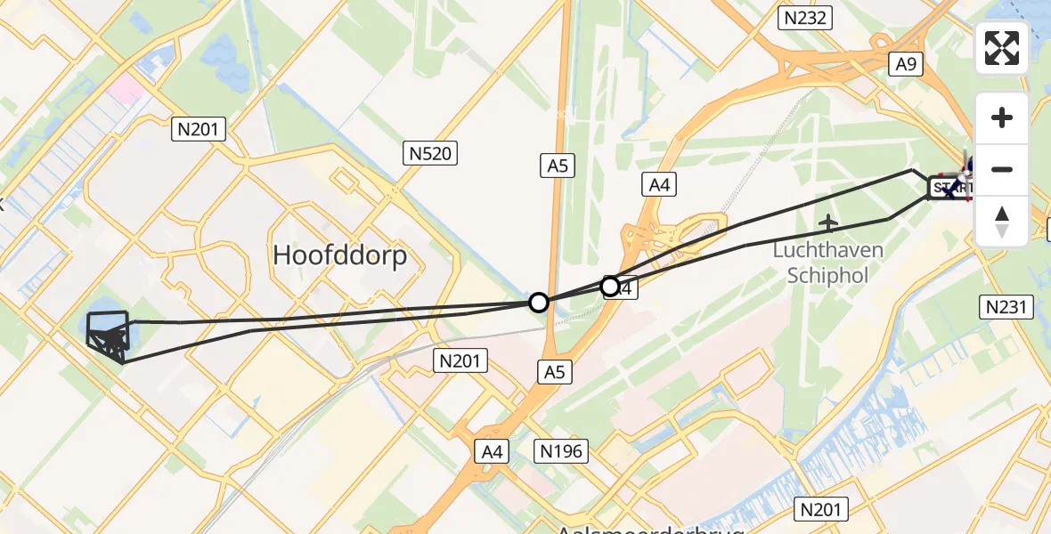 Vluchtroute Politiehelikopter van Amsterdam Vliegveld Schiphol naar Amsterdam Vliegveld Schiphol