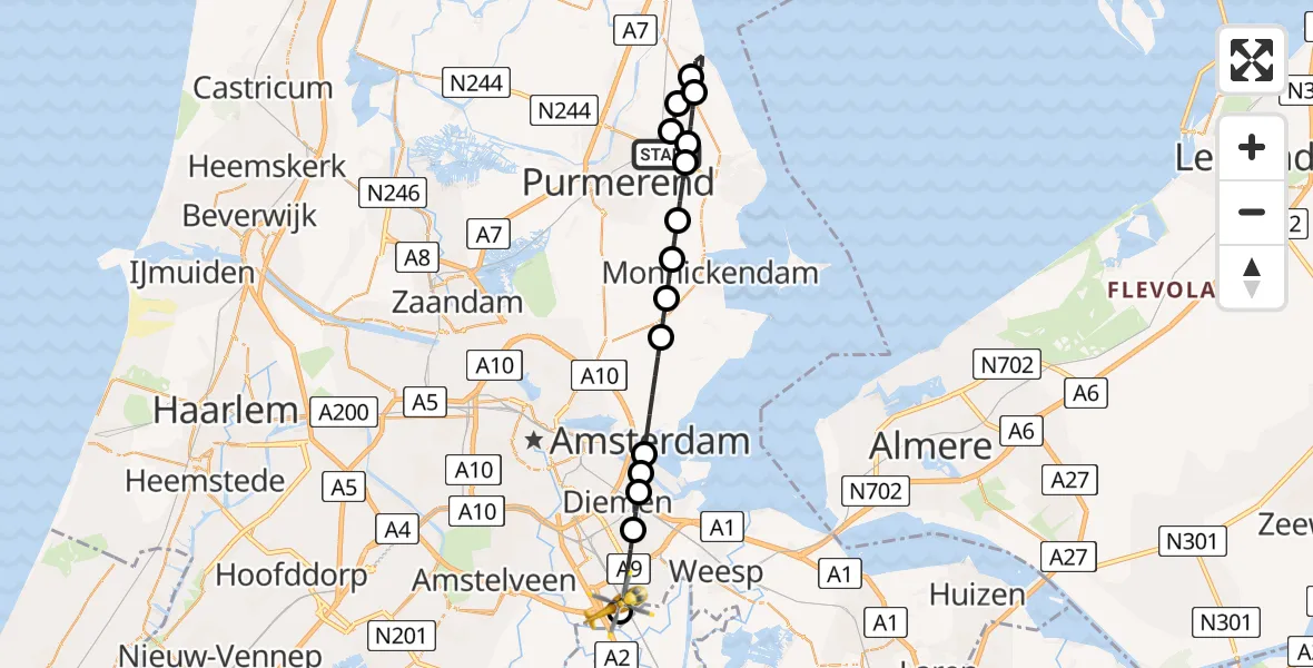 Vluchtroute Traumahelikopter van Purmerend naar Amsterdam UMC Helipad