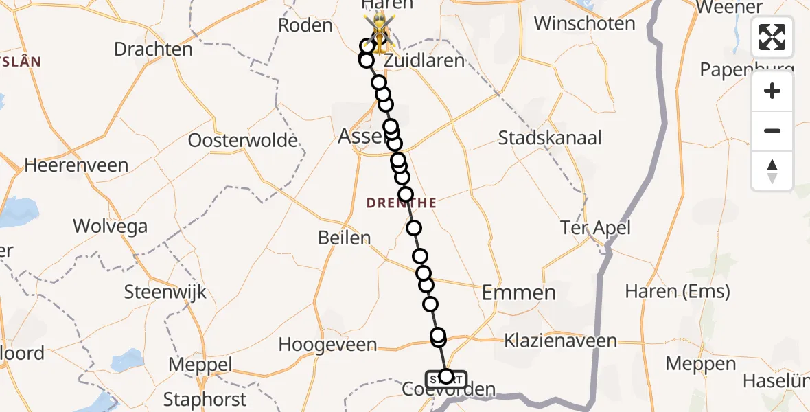 Vluchtroute Traumahelikopter van Coevorden naar Groningen Airport Eelde