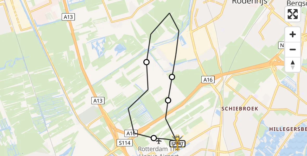 Vluchtroute Traumahelikopter van Rotterdam The Hague Airport naar Rotterdam The Hague Airport