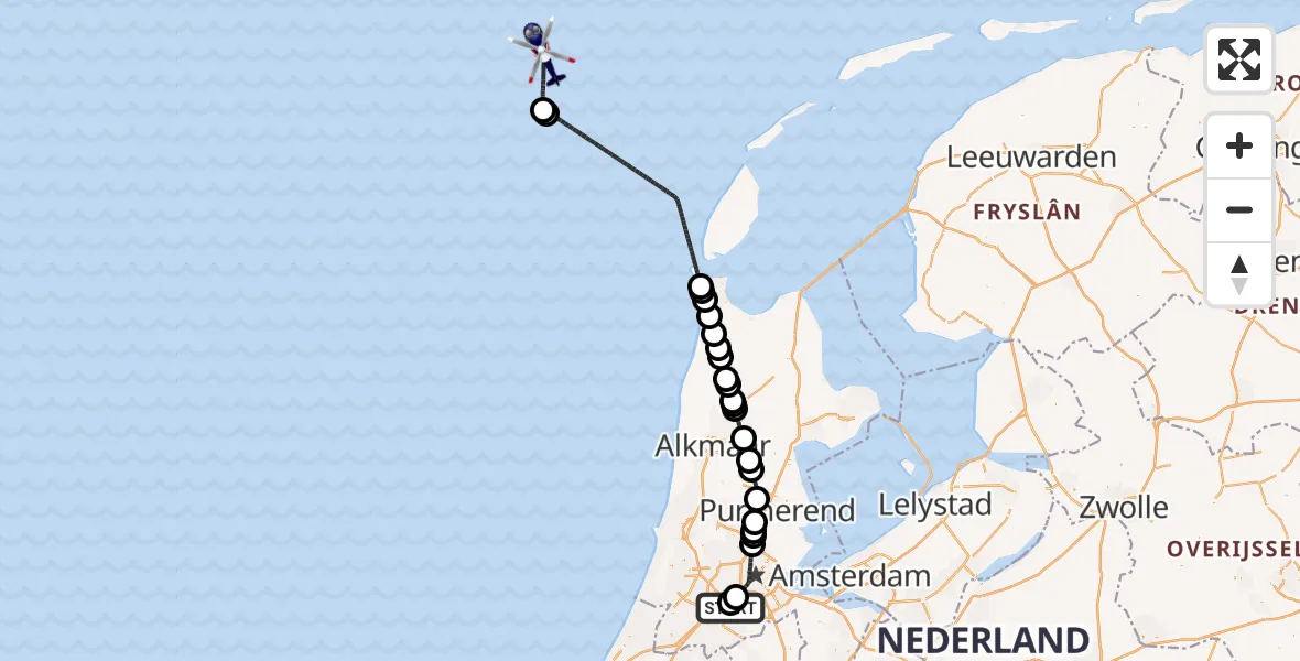 Vluchtroute Politiehelikopter van Amsterdam Vliegveld Schiphol naar Noordzee