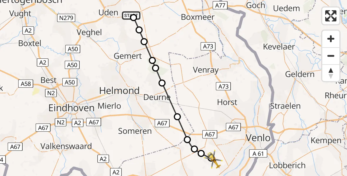 Vluchtroute Traumahelikopter van Vliegbasis Volkel naar Helden