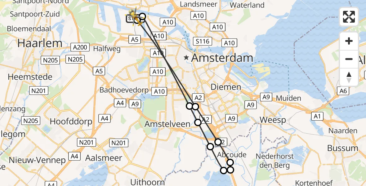 Vluchtroute Traumahelikopter van Amsterdam Heliport naar Amsterdam Heliport