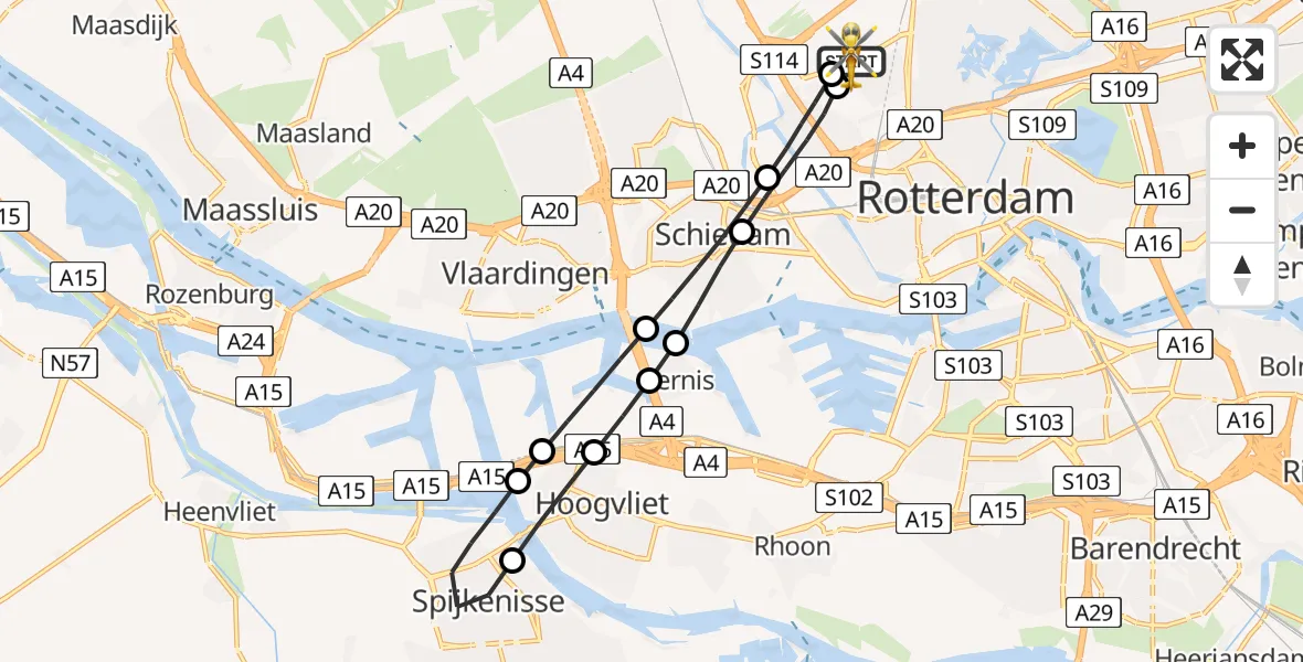 Vluchtroute Traumahelikopter van Rotterdam The Hague Airport naar Rotterdam The Hague Airport