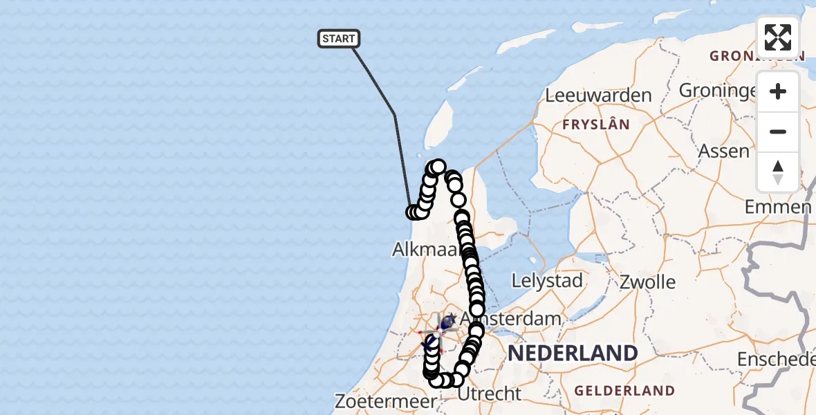 Vluchtroute Politiehelikopter van Noordzee naar Amsterdam Vliegveld Schiphol