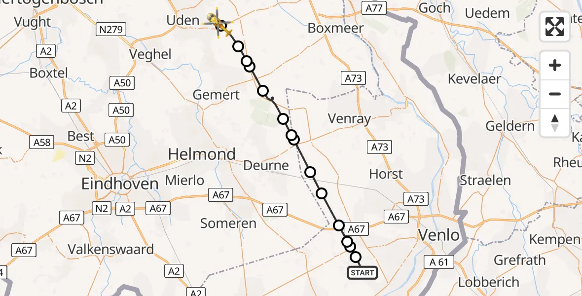Vluchtroute Traumahelikopter van Helden naar Vliegbasis Volkel
