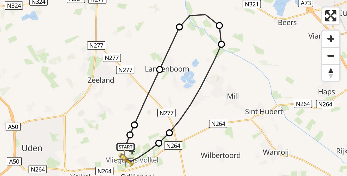 Vluchtroute Traumahelikopter van Vliegbasis Volkel naar Vliegbasis Volkel