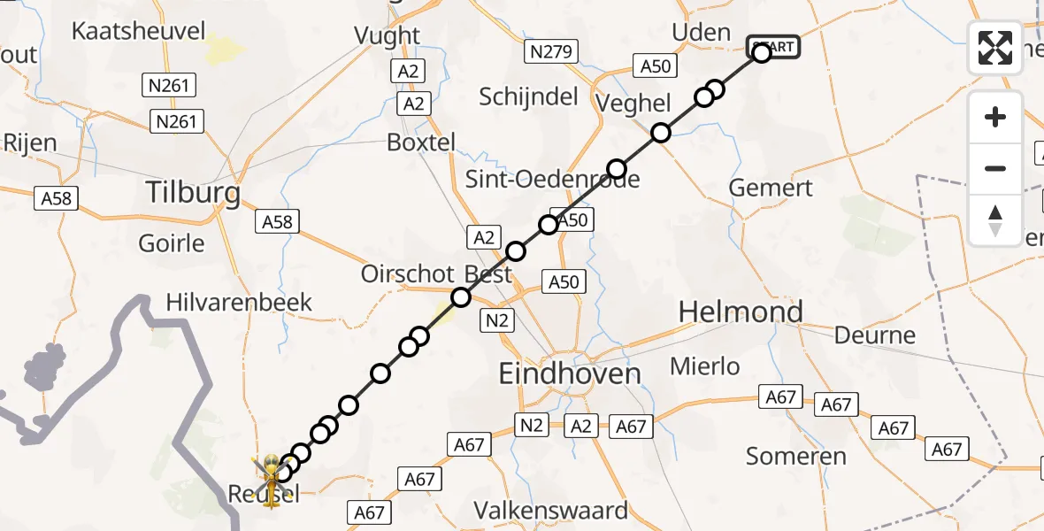 Vluchtroute Traumahelikopter van Vliegbasis Volkel naar Reusel