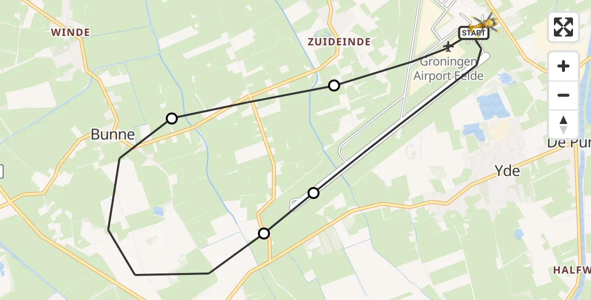 Vluchtroute Traumahelikopter van Groningen Airport Eelde naar Groningen Airport Eelde