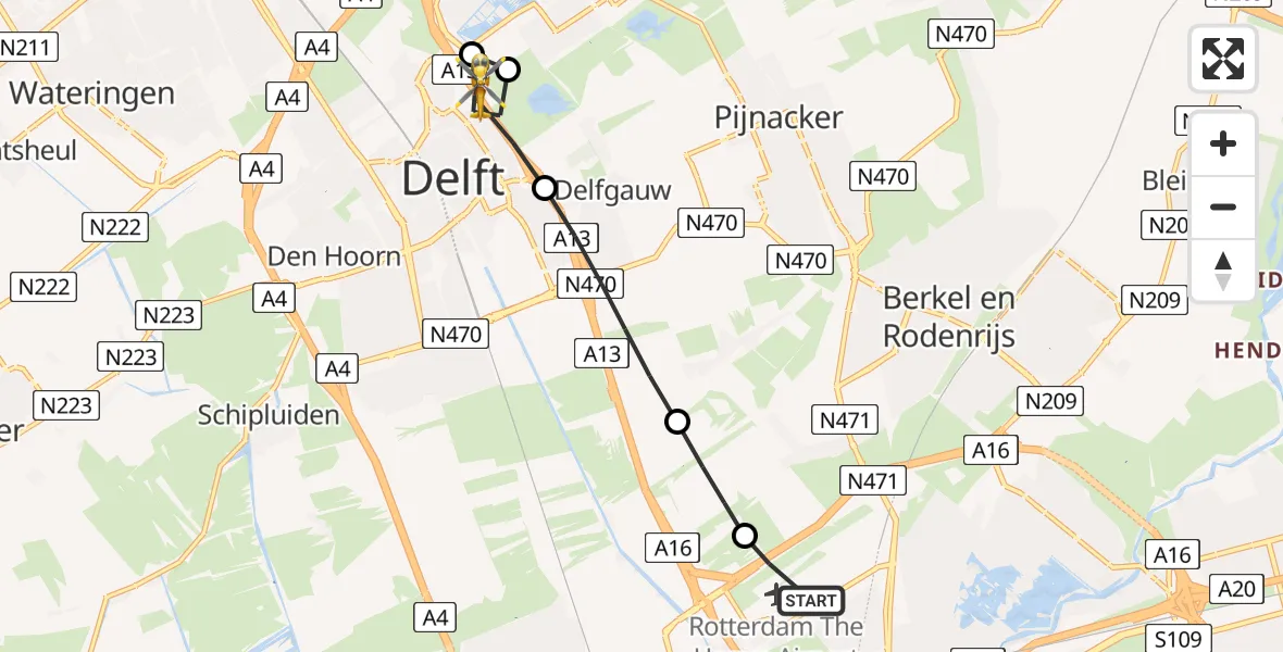 Vluchtroute Traumahelikopter van Rotterdam The Hague Airport naar Delft