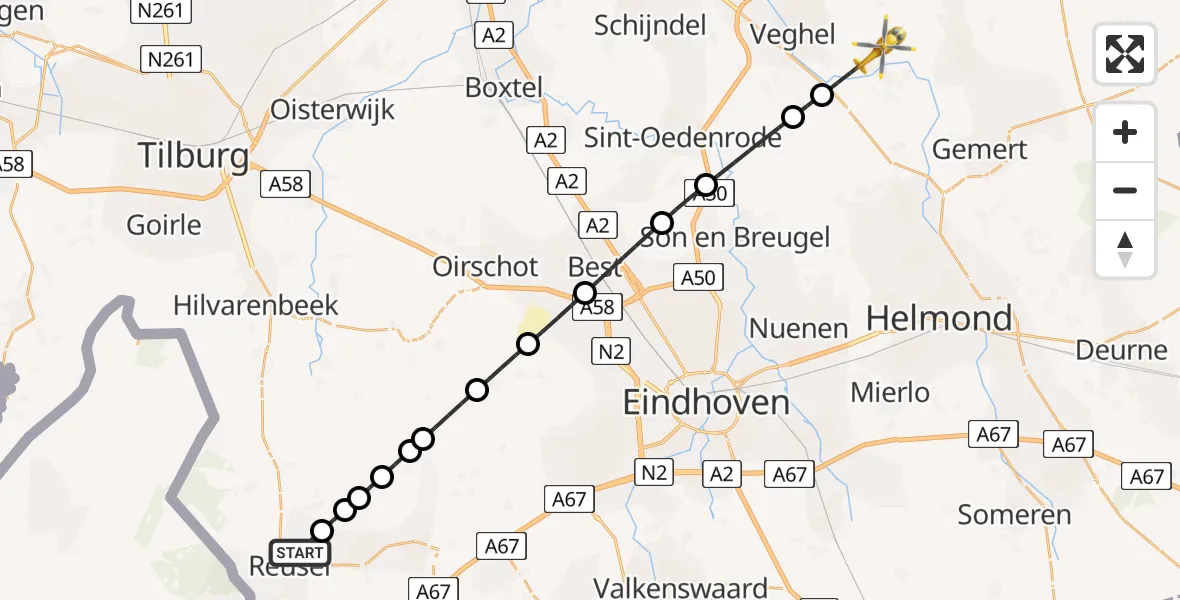 Vluchtroute Traumahelikopter van Reusel naar Erp