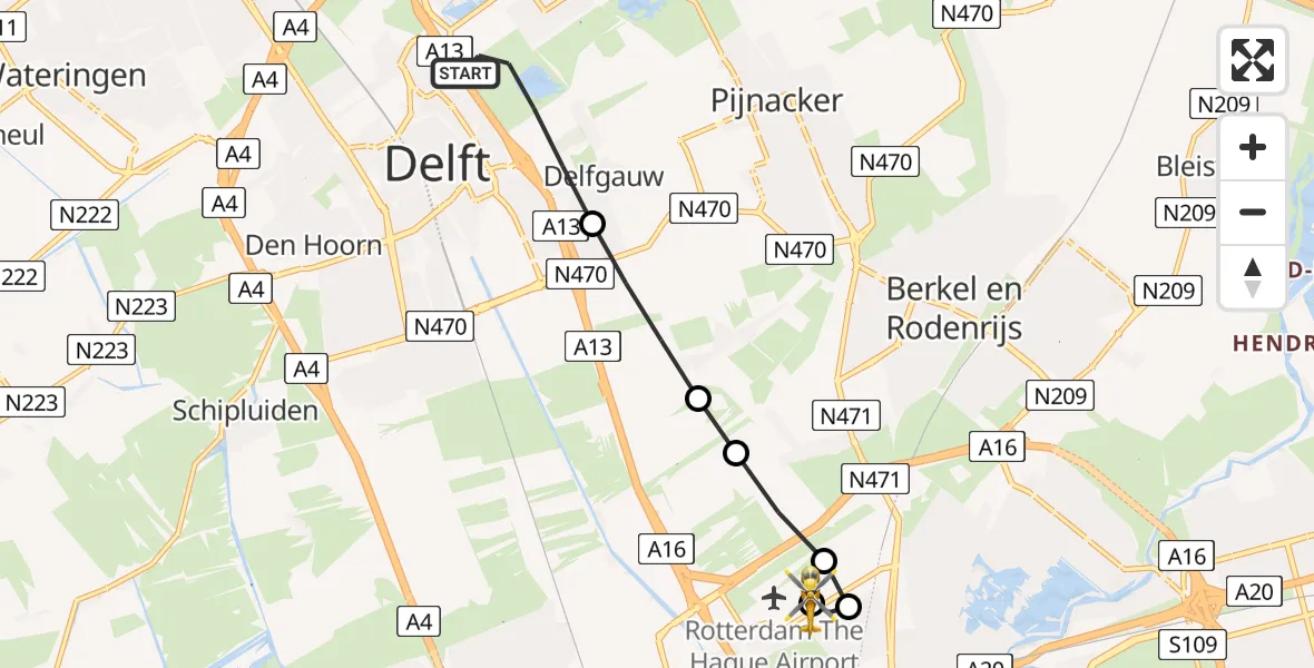 Vluchtroute Traumahelikopter van Delft naar Rotterdam The Hague Airport