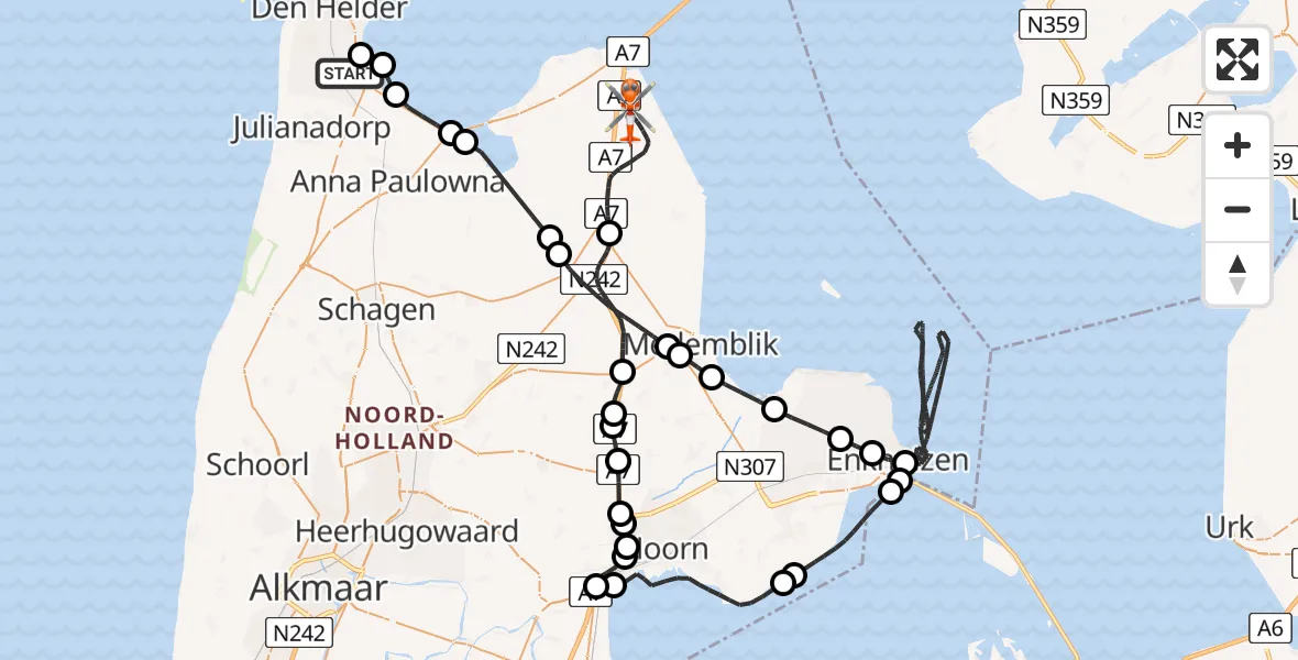 Vluchtroute Kustwachthelikopter van Militair vliegveld De Kooy / Den Helder Airport naar Wieringerwerf