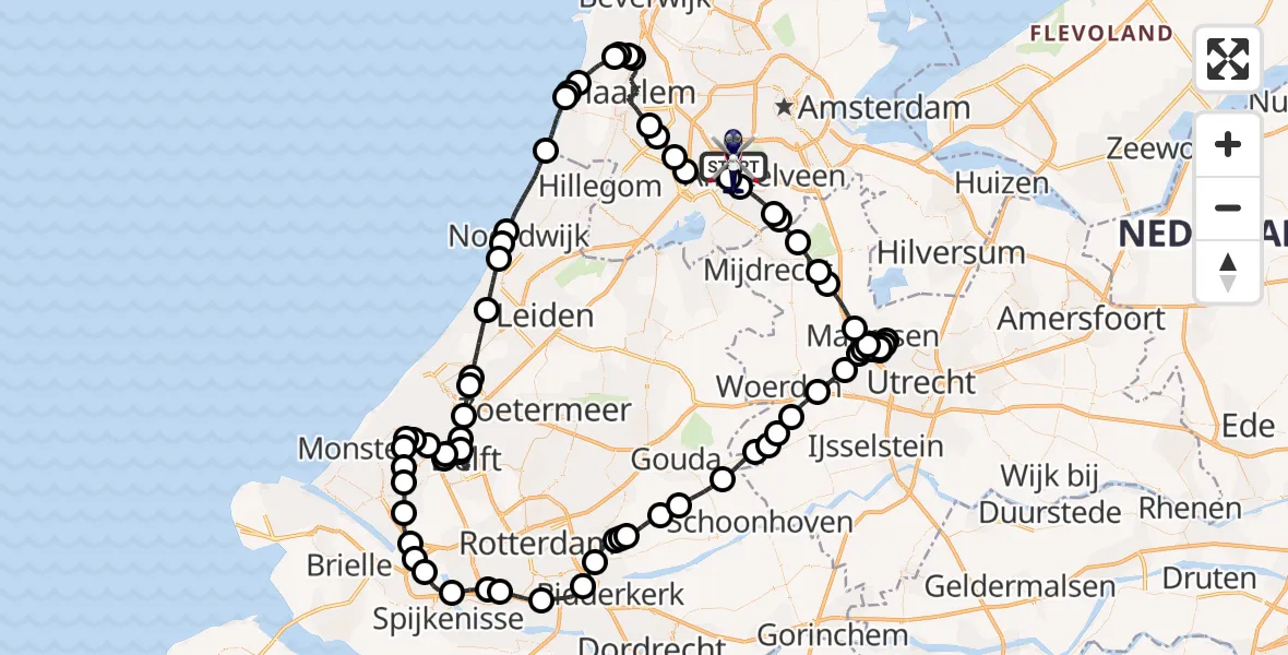 Vluchtroute Politiehelikopter van Amsterdam Vliegveld Schiphol naar Amsterdam Vliegveld Schiphol