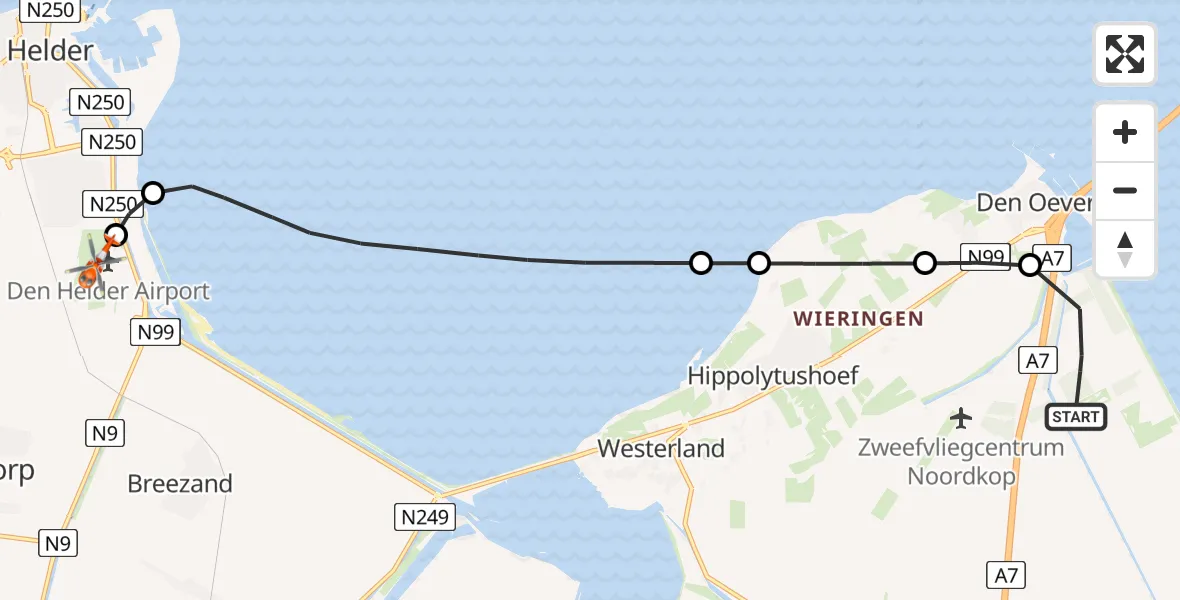 Vluchtroute Kustwachthelikopter van Wieringerwerf naar Militair vliegveld De Kooy / Den Helder Airport