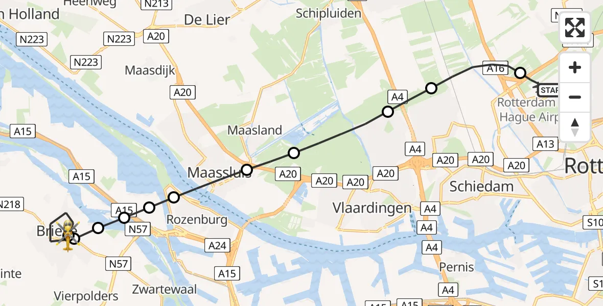 Vluchtroute Traumahelikopter van Rotterdam The Hague Airport naar Vierpolders