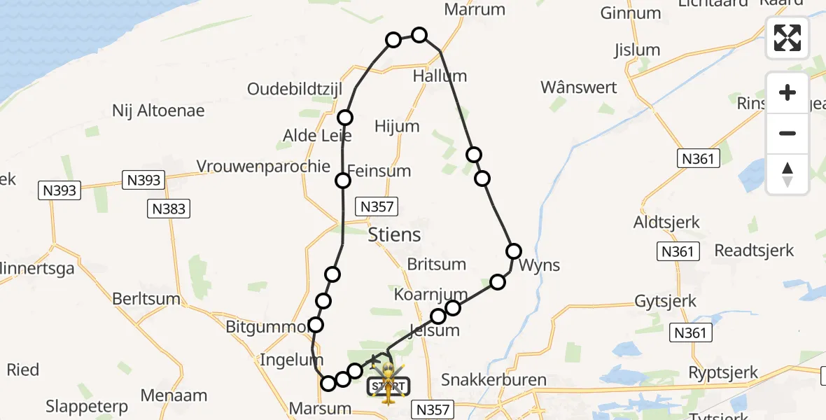 Vluchtroute Ambulancehelikopter van Vliegbasis Leeuwarden naar Vliegbasis Leeuwarden