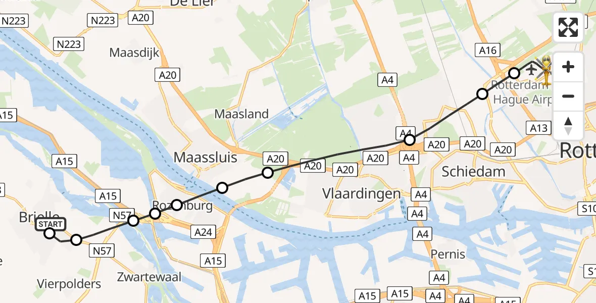 Vluchtroute Traumahelikopter van Vierpolders naar Rotterdam The Hague Airport