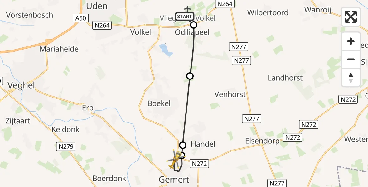 Vluchtroute Traumahelikopter van Vliegbasis Volkel naar Gemert