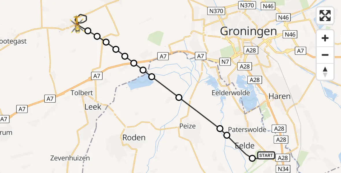 Vluchtroute Traumahelikopter van Groningen Airport Eelde naar Niekerk
