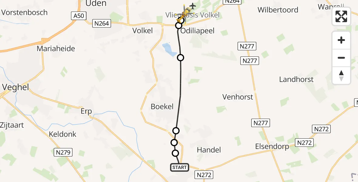 Vluchtroute Traumahelikopter van Gemert naar Vliegbasis Volkel