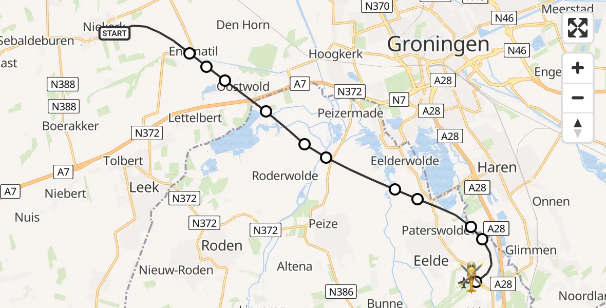 Vluchtroute Traumahelikopter van Niekerk naar Groningen Airport Eelde