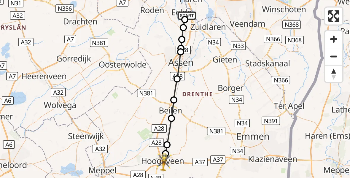 Vluchtroute Traumahelikopter van Groningen Airport Eelde naar Hoogeveen