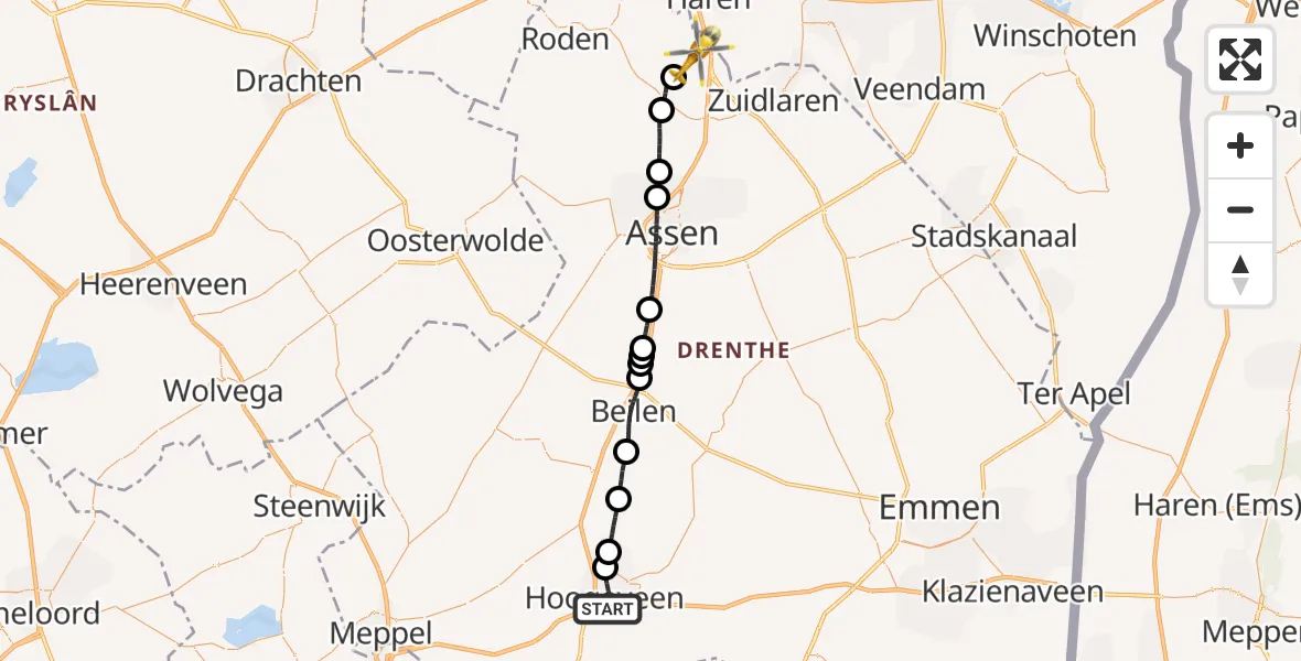 Vluchtroute Traumahelikopter van Hoogeveen naar Groningen Airport Eelde