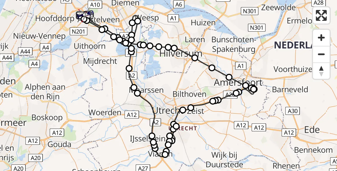 Vluchtroute Politiehelikopter van Amsterdam Vliegveld Schiphol naar Amsterdam Vliegveld Schiphol