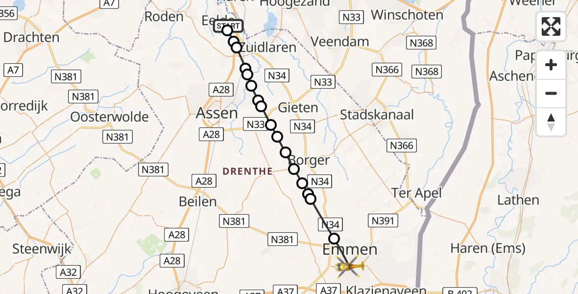 Vluchtroute Traumahelikopter van Groningen Airport Eelde naar Emmen