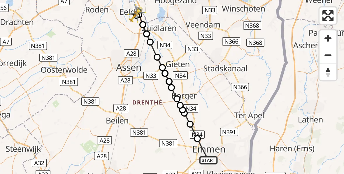 Vluchtroute Traumahelikopter van Emmen naar Groningen Airport Eelde