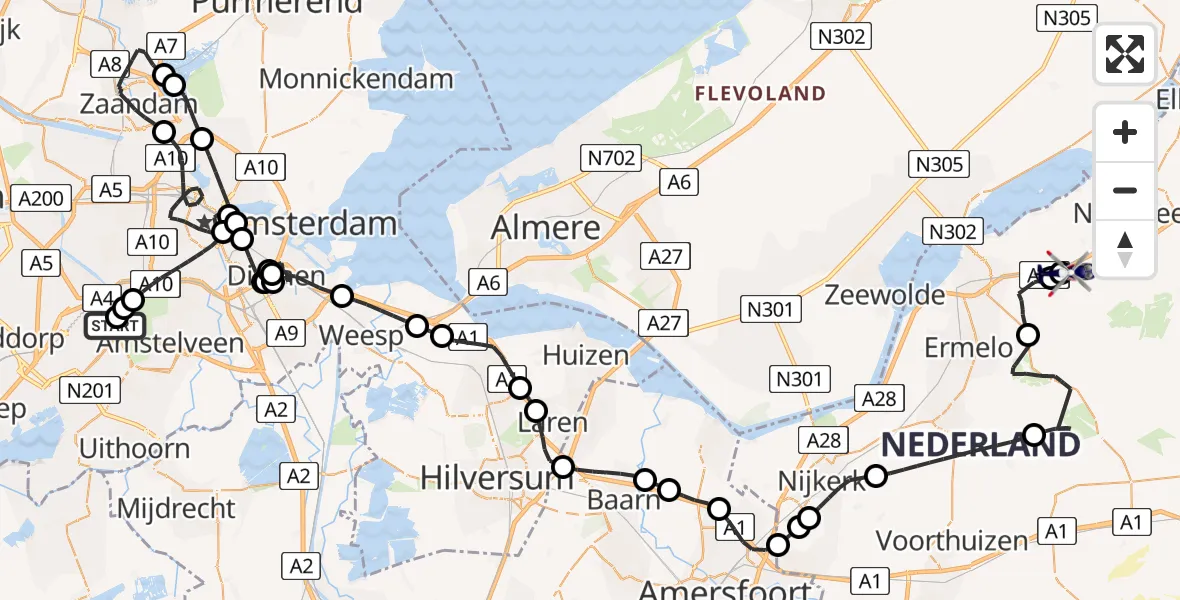 Vluchtroute Politiehelikopter van Amsterdam Vliegveld Schiphol naar Hulshorst