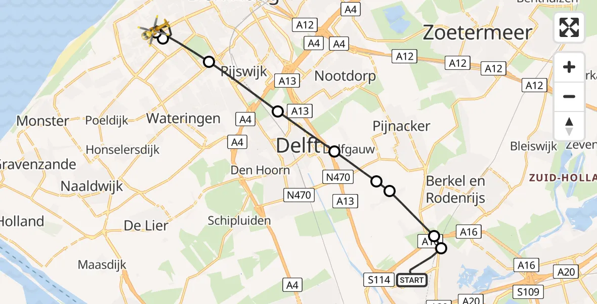 Vluchtroute Traumahelikopter van Rotterdam The Hague Airport naar 's-Gravenhage