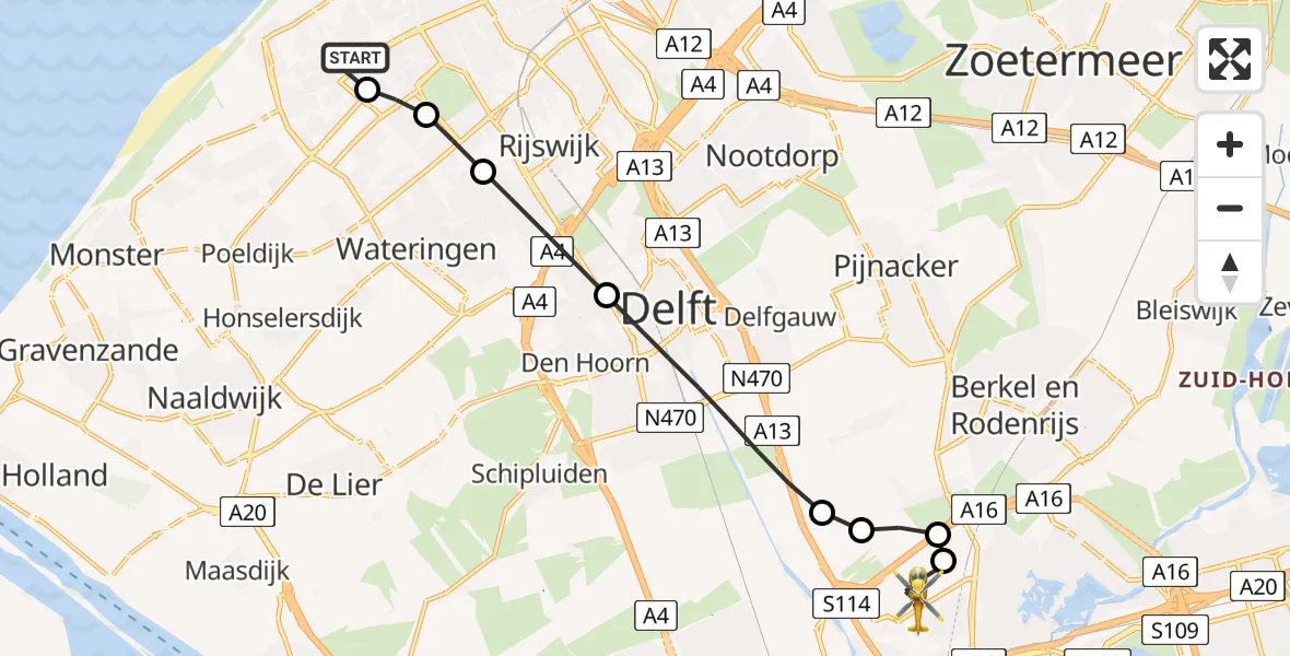 Vluchtroute Traumahelikopter van 's-Gravenhage naar Rotterdam The Hague Airport