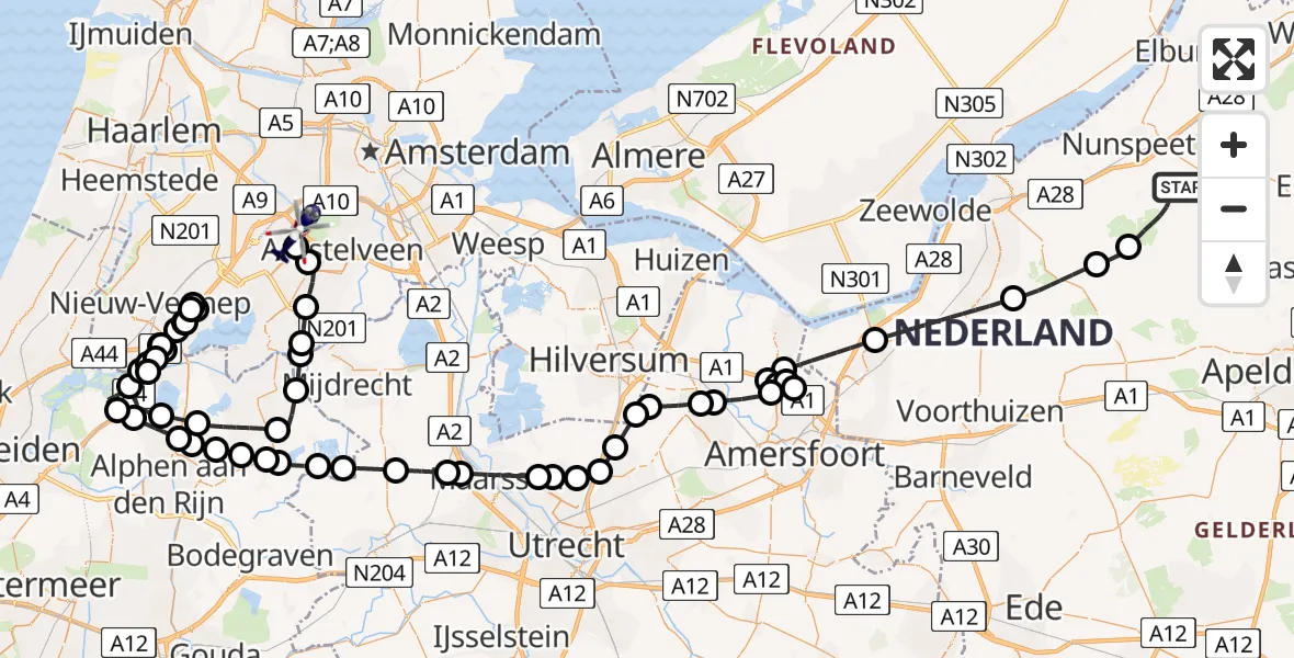 Vluchtroute Politiehelikopter van Vierhouten naar Amsterdam Vliegveld Schiphol