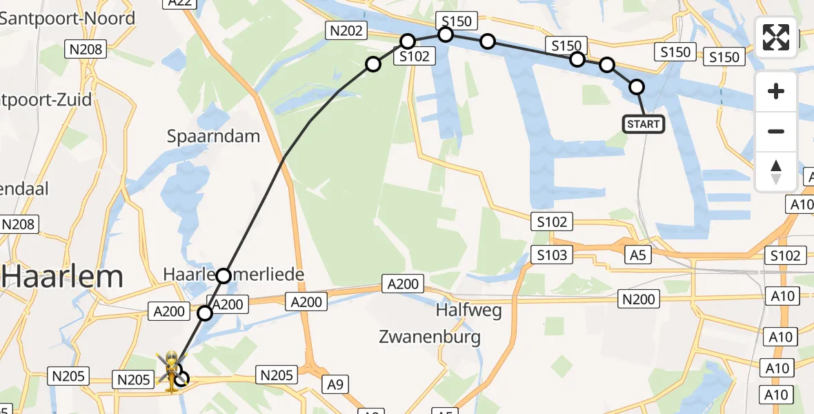 Vluchtroute Traumahelikopter van Amsterdam Heliport naar Haarlem