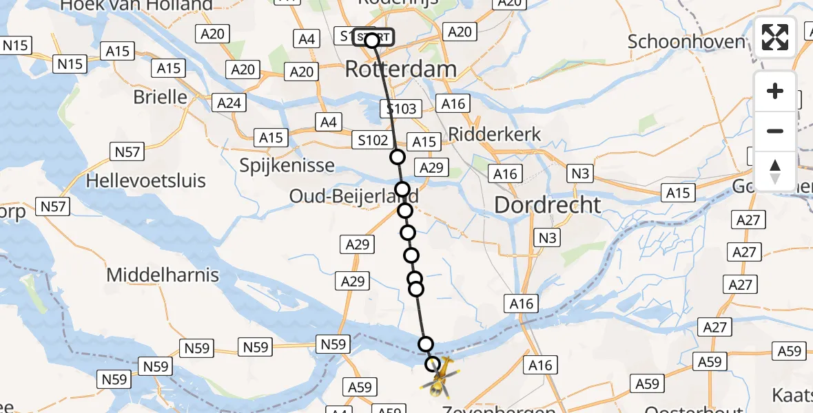 Vluchtroute Traumahelikopter van Rotterdam The Hague Airport naar Klundert