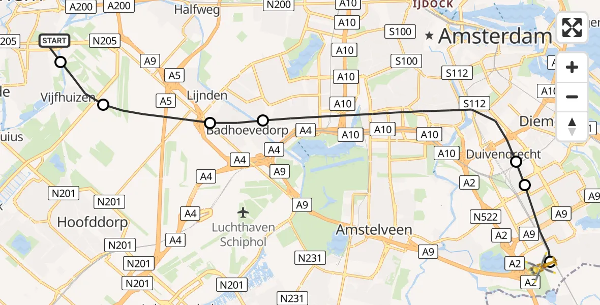 Vluchtroute Traumahelikopter van Haarlem naar Amsterdam UMC Helipad