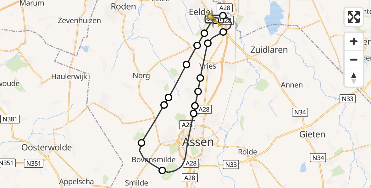 Vluchtroute Traumahelikopter van Groningen Airport Eelde naar Groningen Airport Eelde