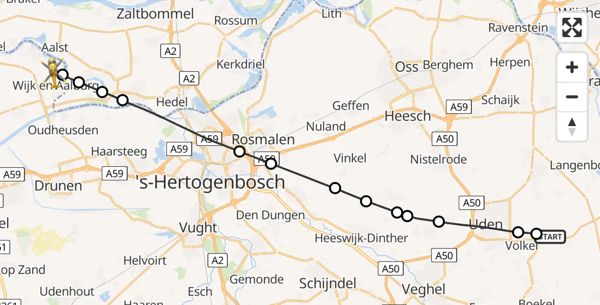 Vluchtroute Traumahelikopter van Vliegbasis Volkel naar Wijk en Aalburg