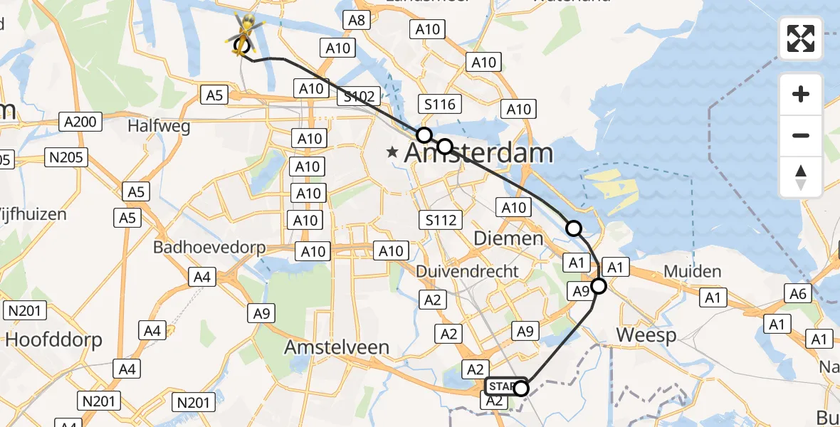 Vluchtroute Traumahelikopter van Amsterdam UMC Helipad naar Amsterdam Heliport