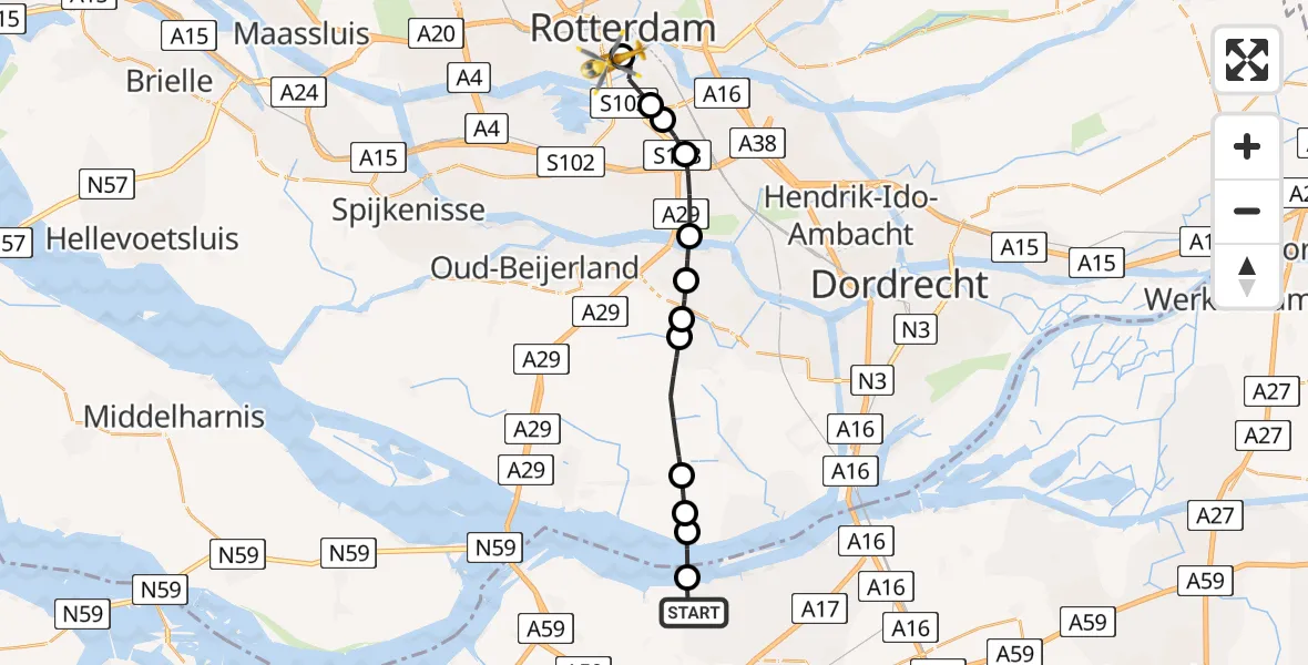 Vluchtroute Traumahelikopter van Klundert naar Erasmus Medisch Centrum Heliport