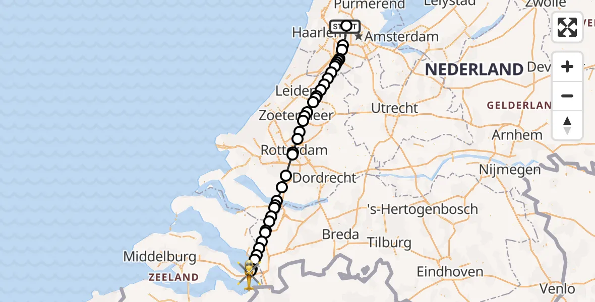 Vluchtroute Traumahelikopter van Amsterdam Heliport naar Rilland