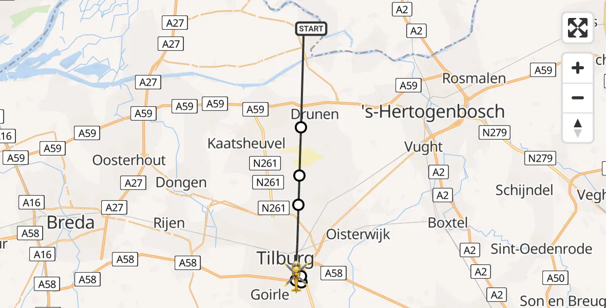 Vluchtroute Traumahelikopter van Wijk en Aalburg naar St. Elisabeth Hospital Heliport