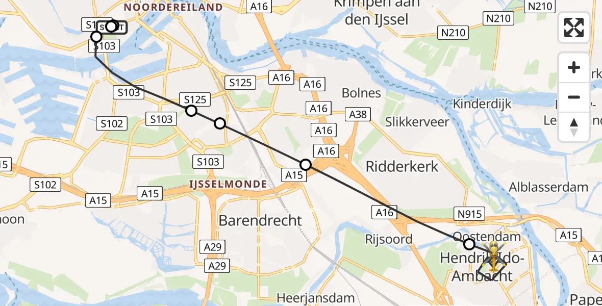 Vluchtroute Traumahelikopter van Leids Universitair Medisch Centrum (LUMC) naar Hendrik-Ido-Ambacht