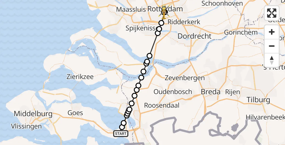 Vluchtroute Traumahelikopter van Rilland naar Leids Universitair Medisch Centrum (LUMC)